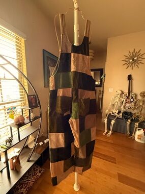 Patchwork Corduroy Overalls in Olive, Brown, Tan